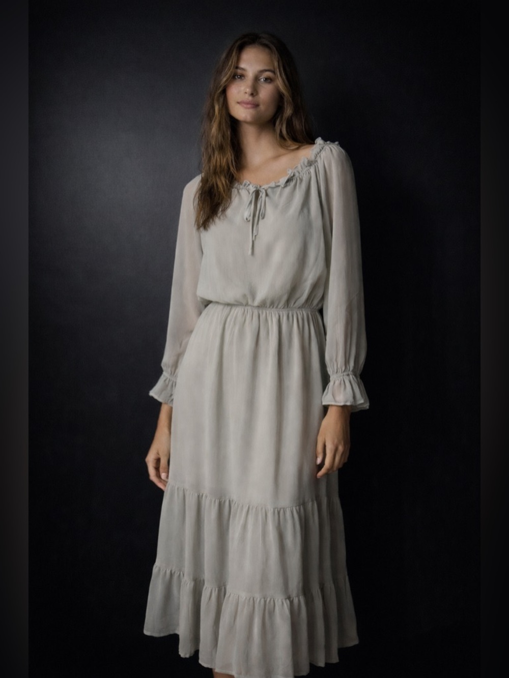 Vici Sheer Chiffon Tiered Midi Dress Romantic